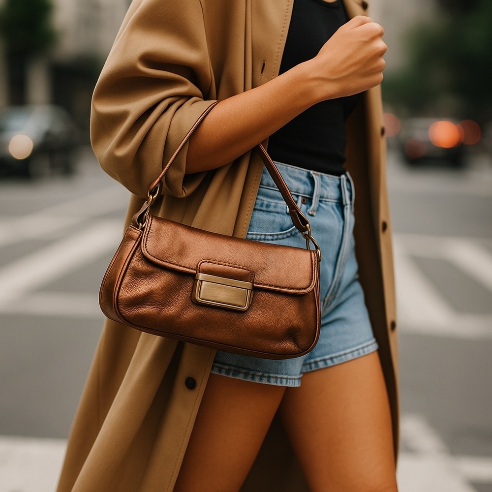 Express Brown Leather Shoulder Bag with Gold Hardware